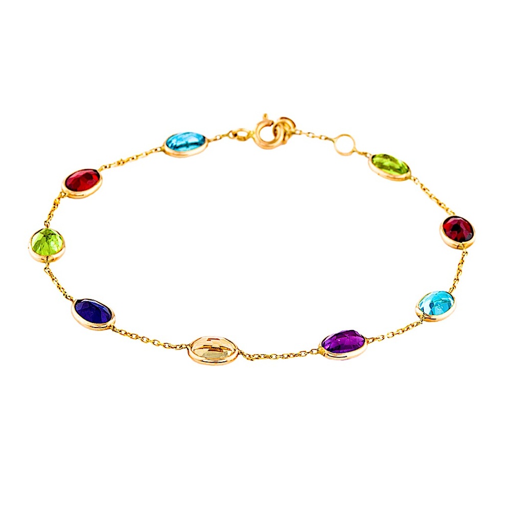14K Gold Chain Bracelet with Colorful Multi Gemstones - Picture 4 of 12